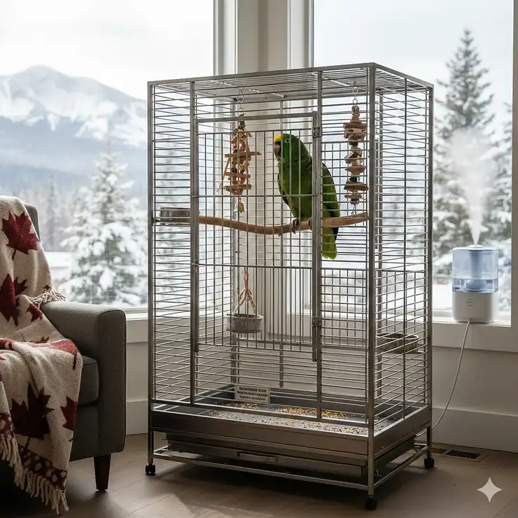 A large stainless steel Amazon parrot cage positioned in a bright, sunlit Canadian home, showing ample space for wing expansion and enrichment toys. large Amazon parrot cage recommendations