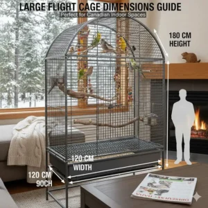A size guide for flight cages for multiple birds with measurements in centimeters, perfect for Canadian indoor spaces.
