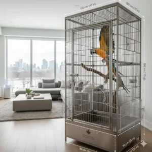 Illustration showing the minimum flight space requirements for a Blue and Gold Macaw in a premium Canadian-sold enclosure.