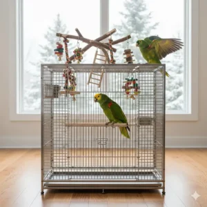 A sturdy play-top parrot cage recommendation featuring a gym area on top for extra out-of-cage time in a home setting.