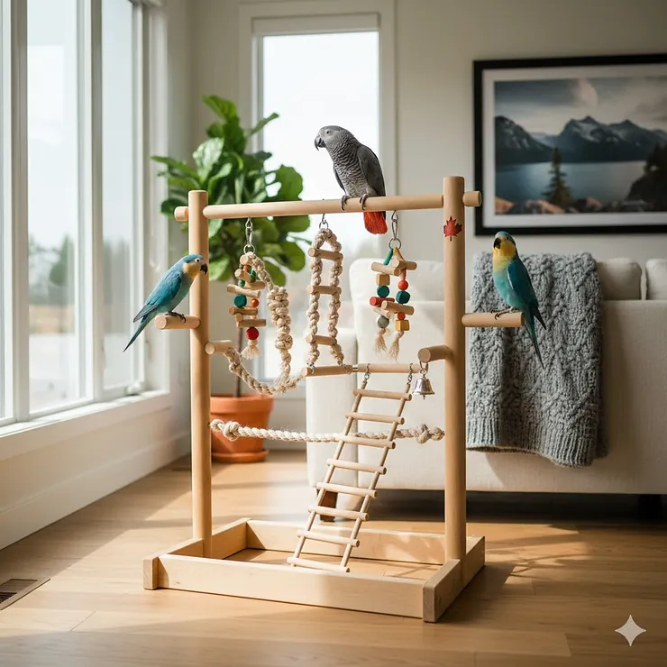 A large, multi-level wooden bird play gym for parrots in a bright Canadian living room with a maple leaf decor accent.