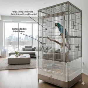 Illustration of a macaw cage with a wrap-around seed guard to keep Canadian homes clean from debris and dander.