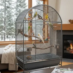 Illustration of various small birds like cockatiels sharing a flight cage, highlighting social enrichment and space.