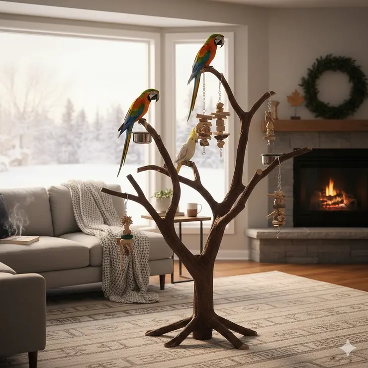 A large natural Java tree bird stand with multiple levels for parrots, positioned in a bright Canadian home interior.
