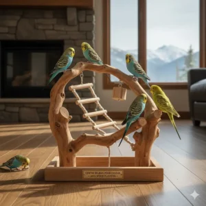 Durable natural Java wood bird play gyms (centres de jeux pour oiseaux) for active parakeets.