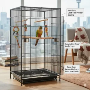 Diagram highlighting non-toxic, lead-free powder coating on affordable conure cages available in Canada.