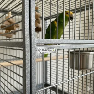 A close-up illustration of non-toxic, lead-free powder coating on a heavy-duty large parrot cage.