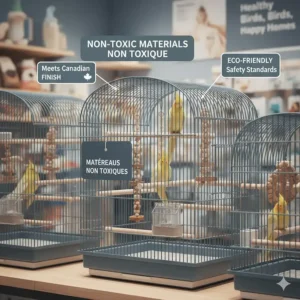 Illustration of powder-coated, non-toxic bird cages meeting Canadian safety standards for pet parrots.