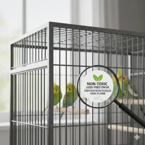 Illustration highlighting non-toxic, lead-free finishes on flight cages available for the Canadian market.