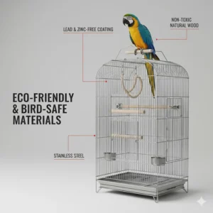 Illustration highlighting lead-free and zinc-free powder coating used on play top bird cages.