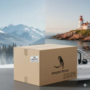 An illustration showing a flat-packed large bird cage ready for shipping across Canada, from BC to the Maritimes.