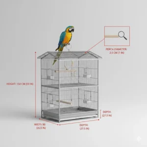 Diagram showing dimensions of play top bird cages in centimeters and inches for Canadian buyers.