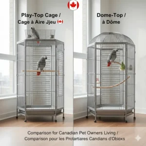 Comparison of play-top and dome-top African Grey parrot cages for sale in Canada.