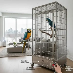 A large macaw cage on reinforced locking wheels for easy movement across hardwood floors in a Canadian condo.