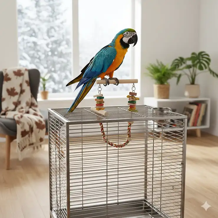 Large stainless steel play top bird cage with a built-in ladder and perch, situated in a sunlit Canadian home.