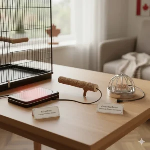 Illustration of different bird cage heaters available in Canada, including radiant heat panels and heated perches.