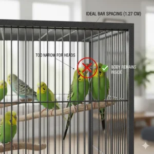 Illustration showing the ideal bar spacing in flight cages for multiple birds to ensure pet safety and prevent escapes.