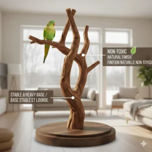 Illustration highlighting the non-toxic finish and stable, heavy-duty base of a natural Java tree bird stand.