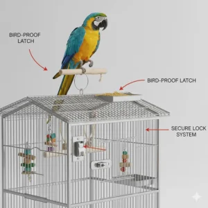 Detailed view of a bird-proof door latch on a high-quality play top bird cage.