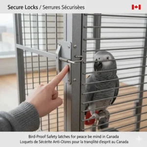 Close-up illustration of bird-proof safety locks on a heavy-duty African Grey parrot cage.