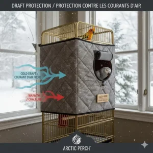 Diagram showing a winter cage cover for parrots protecting a bird from cold air entering through a window during a Canadian winter.