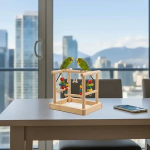 Small tabletop bird play gyms perfect for urban condo living in Toronto or Vancouver.