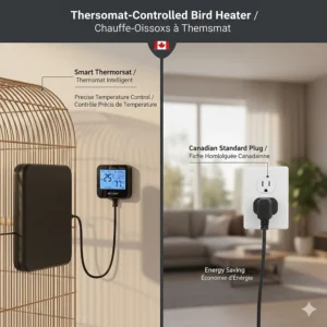 Illustration of a bird cage heater with a Canadian-standard thermostat for precise temperature control.