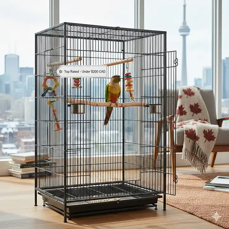 A colorful Green Cheek Conure inside a spacious, top-rated flight cage priced under $200, positioned in a bright Toronto-style condo living room. top rated conure cages under $200