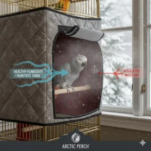 Illustration of a parrot cage cover helping to maintain healthy humidity levels for tropical birds during dry winter months.