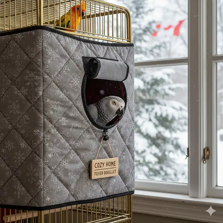 A colorful parrot in a cozy cage with a heavy-duty winter cage cover, positioned near a frosted Canadian window.