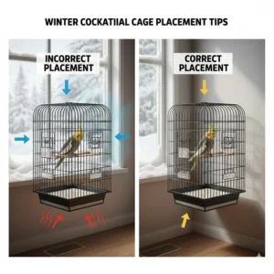 Diagram of proper cockatiel cage placement away from Canadian winter drafts and heating vents.