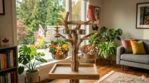 Floor-style parrot T-stand with adjustable height settings for large birds. / Grand perchoir en T sur pied avec hauteur réglable pour gros oiseaux.