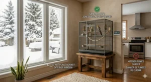 A graphic showing a bird cage placed in a safe zone away from kitchen self-cleaning oven fumes and drafty entryways with bilingual safety labels.