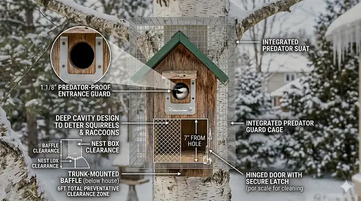 A Black-capped Chickadee perched on a rustic cedar nesting box in a snowy Canadian backyard, featured image for the best chickadee house guide.
