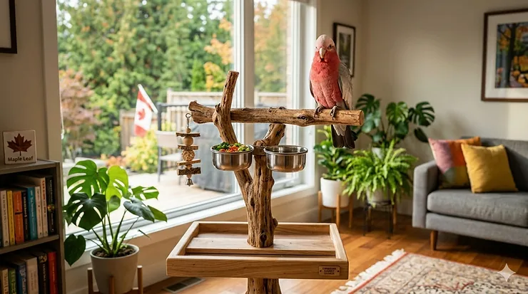 A premium wood parrot T-stand in a bright Canadian living room. / Un perchoir en T pour perroquet de qualité dans un salon canadien. parrot T-stands