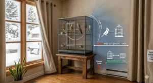 A diagram showing the safe distance between a bird cage and a standard Canadian electric baseboard heater to prevent overheating.