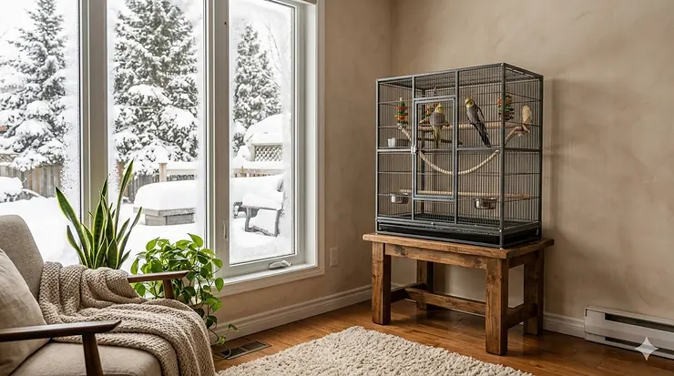 A bird cage placed in a draft-free corner of a cozy Canadian living room during winter, safely away from a frosty window showing a snowy backyard. bird cage placement tips for cold climates