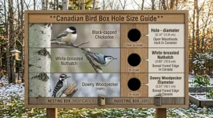 Diagram comparing entrance hole heights for nesting boxes (high) and roosting boxes (low) with English and French labels.