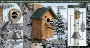 Cross-section illustration of the best chickadee house showing necessary ventilation gaps and floor drainage holes (trous d'aération et de drainage).