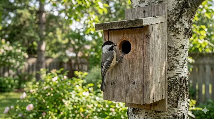 A Black-capped Chickadee perched on a rustic wooden birdhouse with a precise 1-1/8 inch entrance hole in a Canadian backyard.