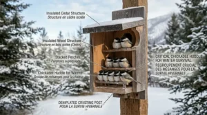 Illustration of Black-capped Chickadees huddling together inside a winter roosting box to survive a Canadian cold snap.