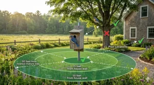Illustration of proper bluebird house placement in a Canadian backyard away from dense trees.