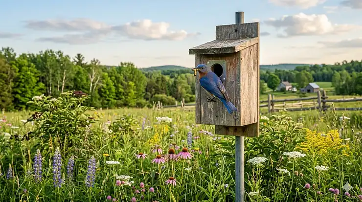 A wooden Eastern Bluebird nesting box mounted on a pole in an Ontario meadow during spring.