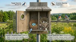 Comparison guide to help Ontario birders identify bluebird eggs versus invasive species nests.
