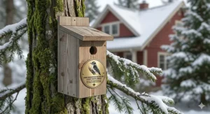 Photorealistic Downy Woodpecker nesting box with bilingual English and French "Pic mineur" labeling for the Canadian market.