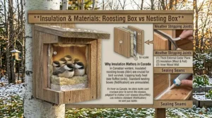 Seasonal guide for when to hang nesting boxes versus roosting boxes in Canada (March to July vs October to February).