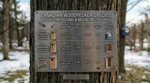A size chart comparing house dimensions for Downy, Hairy, and Pileated woodpeckers vs. standard regular birdhouse sizes.