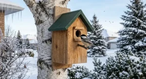 Technical diagram showing the essential 1-1/8 inch (2.85cm) entrance hole dimensions for the best chickadee house to ensure species-specific nesting.