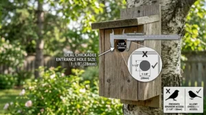 Diagram illustrating the ideal chickadee house entrance hole size of 28mm (1-1/8") to prevent invasive house sparrow entry.