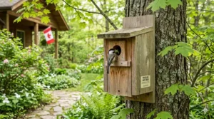 A Black-capped Chickadee perched on a wildlife nest box kit during a Canadian spring.